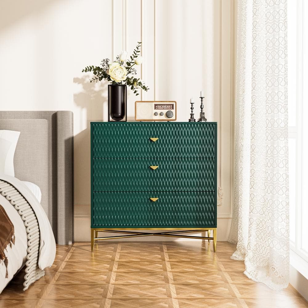 Green 3-Drawer Wood Nightstand with Square Support Legs