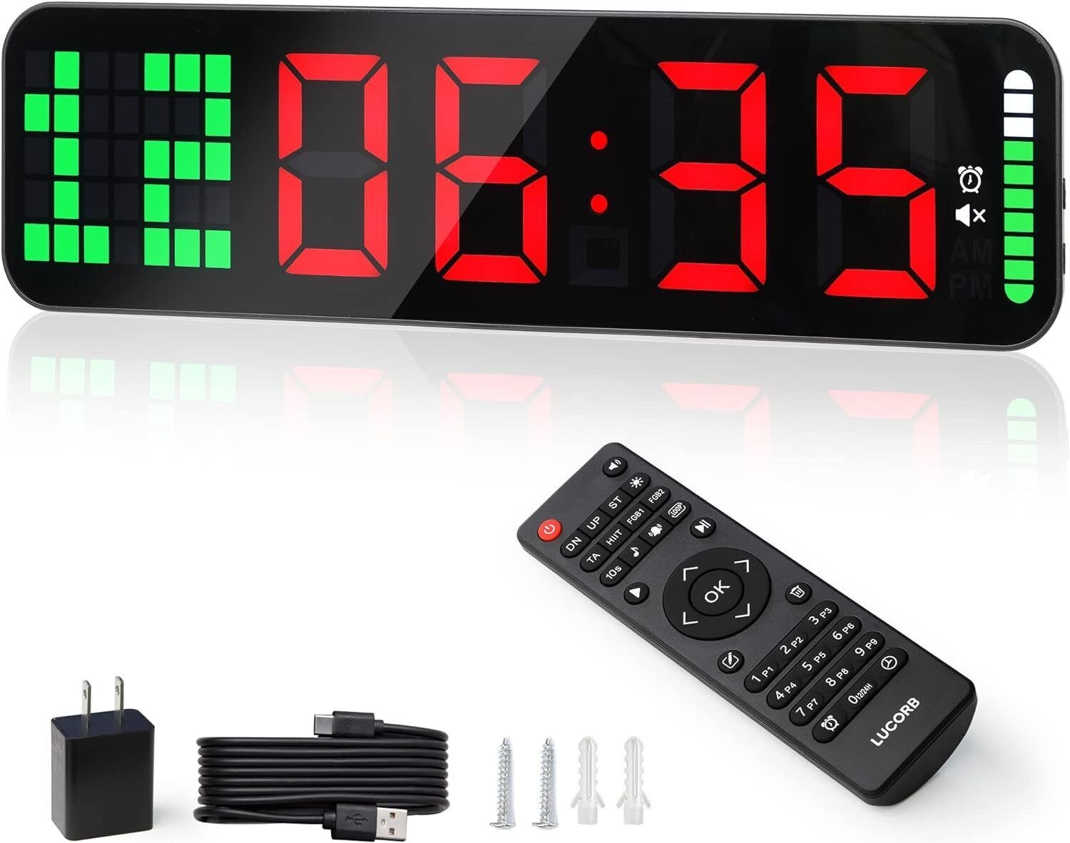 Gym Timer Large Clock Countdown/Up Stopwatch Time Progress Bar Remote Wall Mount