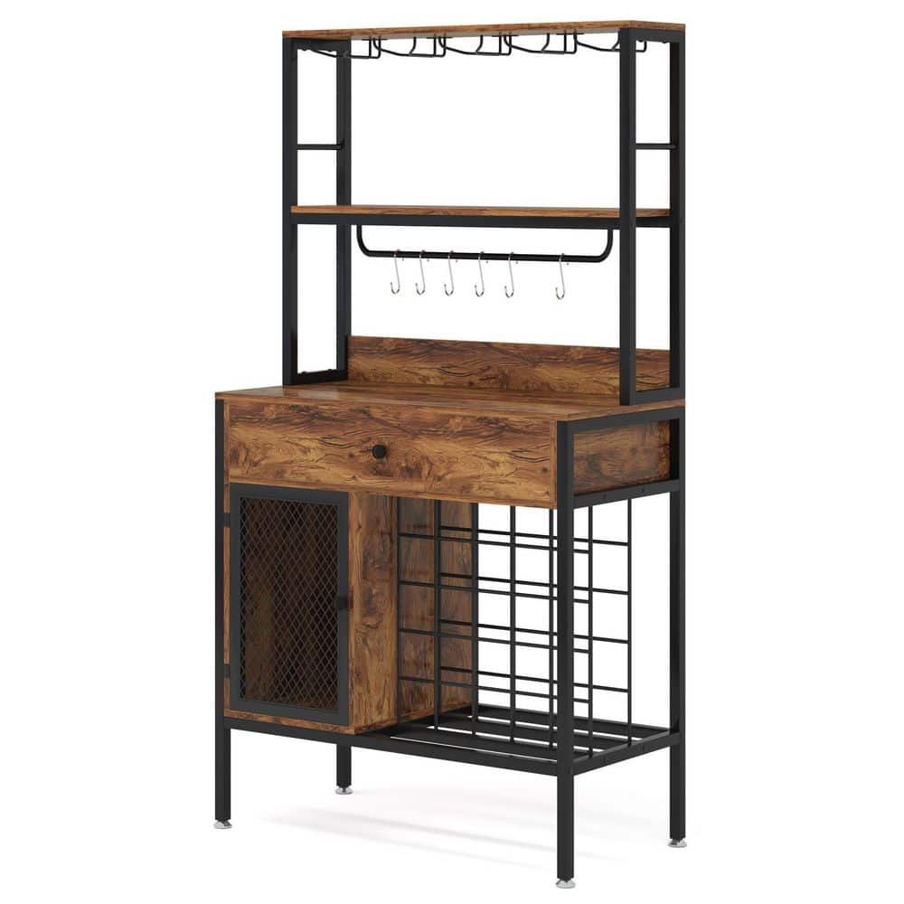 Halsey Vintage Brown Wine Bar Cabinet, 64" Free Standing Large Capacity Liquor...