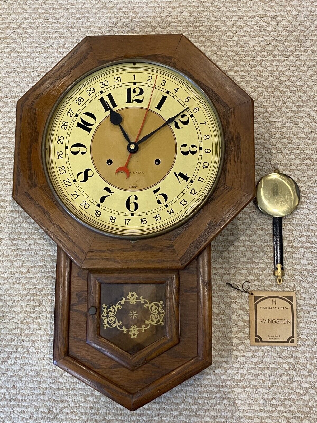 Hamilton Wind Up 31day Octagon Calendar Wall Clock W/ Chime Untested NO GLASS