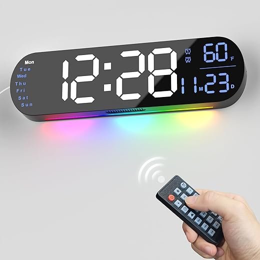 hansang Large Digital Wall Clock with Remote Control 13.7โโ, Auto Brightness, 9 RGB Ambient Light, Dual Alarm Clock&Timer, 12/24H Mode, Temperature for Bedroom, Wall Decor Gift for Elder, Blue