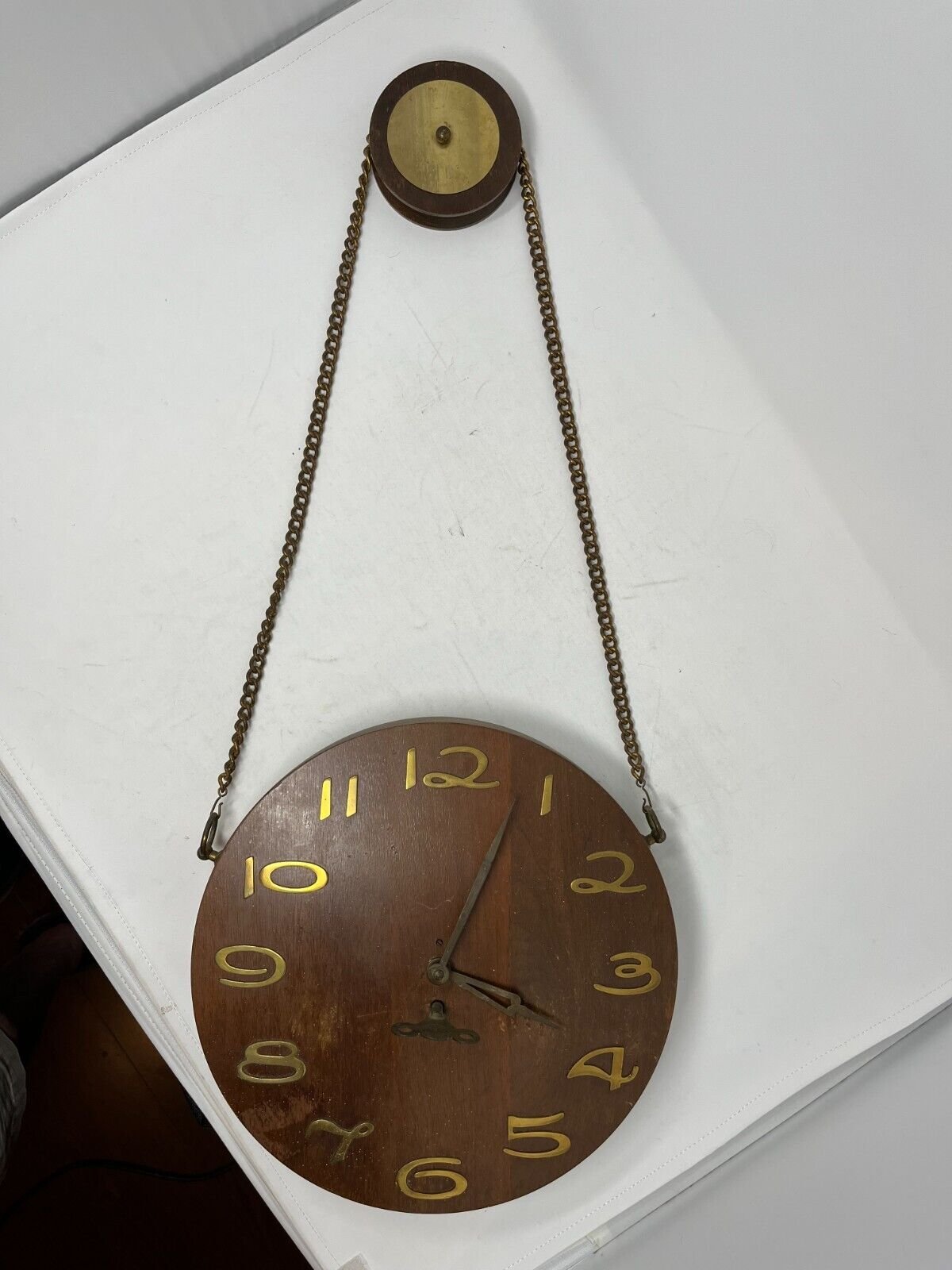 Harris & Mallow Wind Up Art Deco Mid Century Modern Round Chain Wood Wall Clock