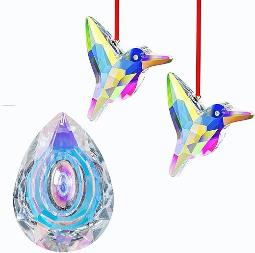 H&D HYALINE & DORA 89mm/3.5in Hanging Chandelier Crystals Prisms and Set of 2,3" Crystal Sun Catcher Prisms, AB Colored Hummingbird Hanging Suncatchers