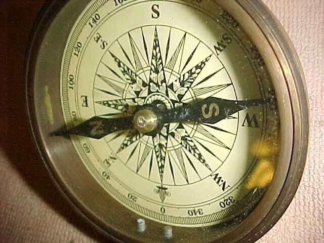 HEAVY BRASS COMPASS - CLOCK COMBINATION - 3" DIAMETER 1" HIGH - 1 lb