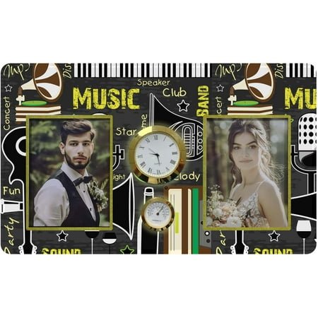 HiPhotoArt Retro Music Tempered Glass Family Couple Photo Picture Frame with Clock and Thermometer for Wall Hanging and Tabletop Display