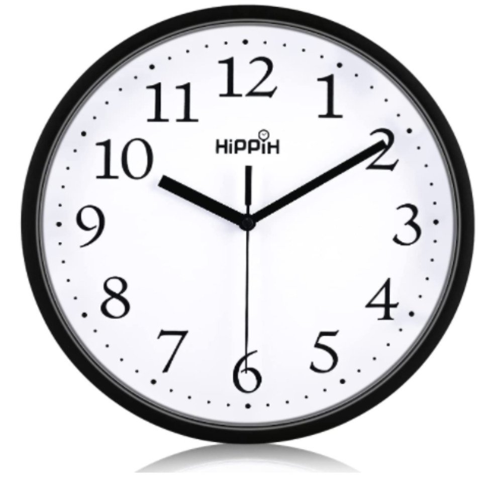 Hippih Black Wall Clock Silent Non Ticking Quality Quartz 10In Round Easy Read