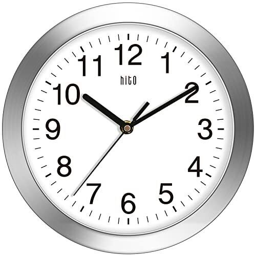 HITO 10 Inch Silent Wall Clock Battery Operated Non Ticking Glass Cover Silve