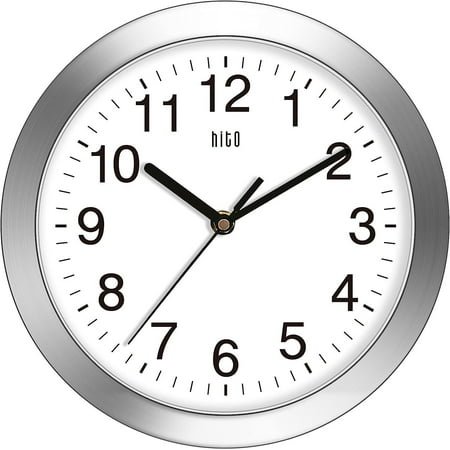 HITO 10 Inch Silent Wall Clock Battery Operated Non Ticking Glass Cover Silver