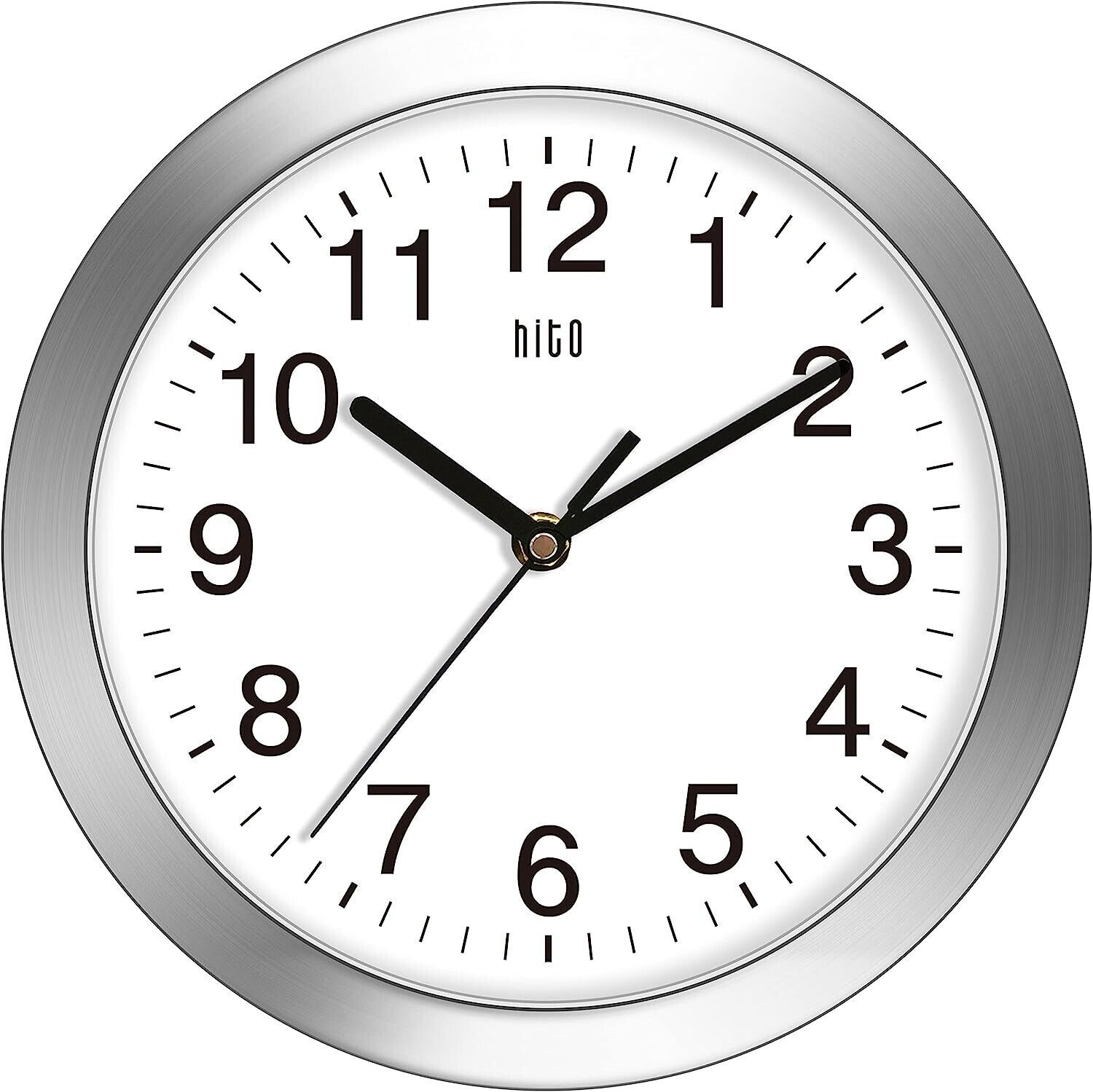 HITO 10 Inch Silent Wall Clock Battery Operated Non Ticking Glass Cover Silver