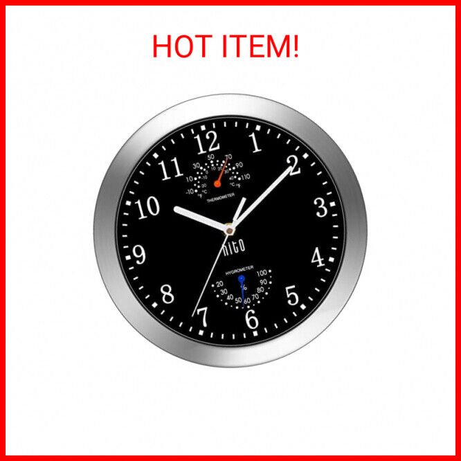 HITO 10 Inch Silent Wall Clock Battery Operated Non Ticking Glass Cover Silver A