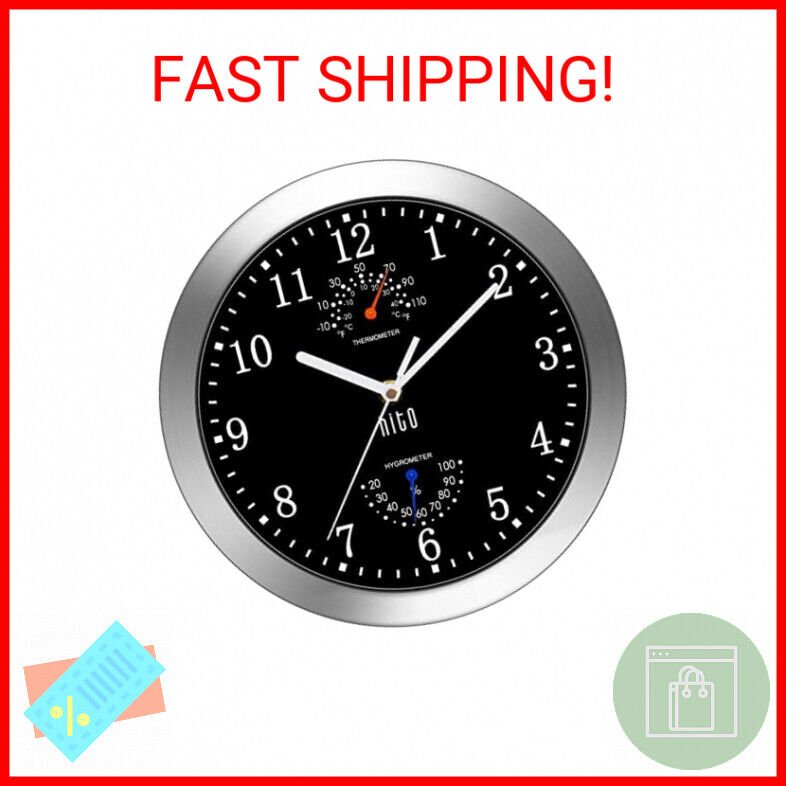 HITO 10 Inch Silent Wall Clock Battery Operated Non Ticking Glass Cover Silver A