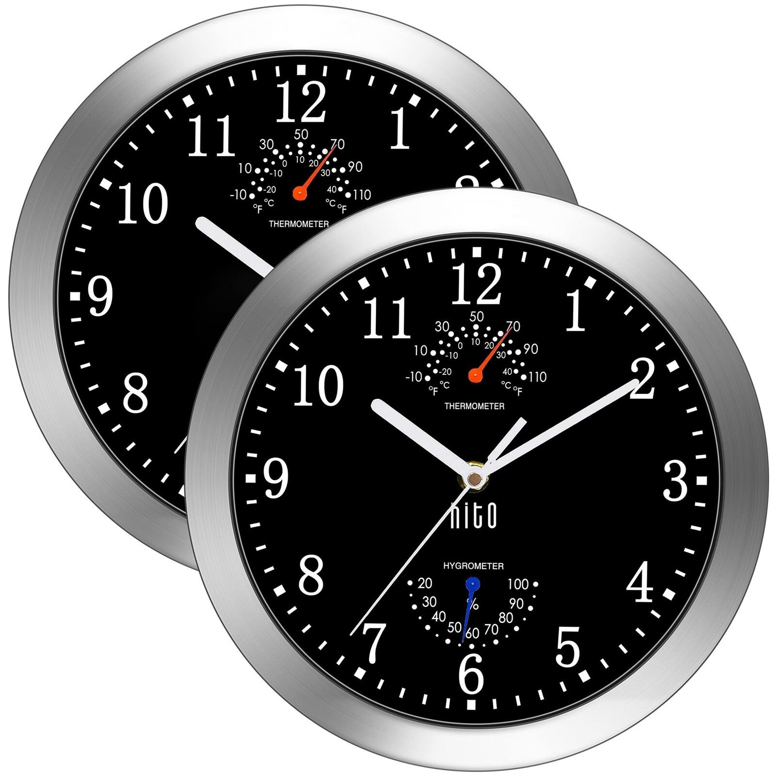 HITO 10" Silent Wall Clock Battery Operated Non Ticking Sweep Movement Glass Cov