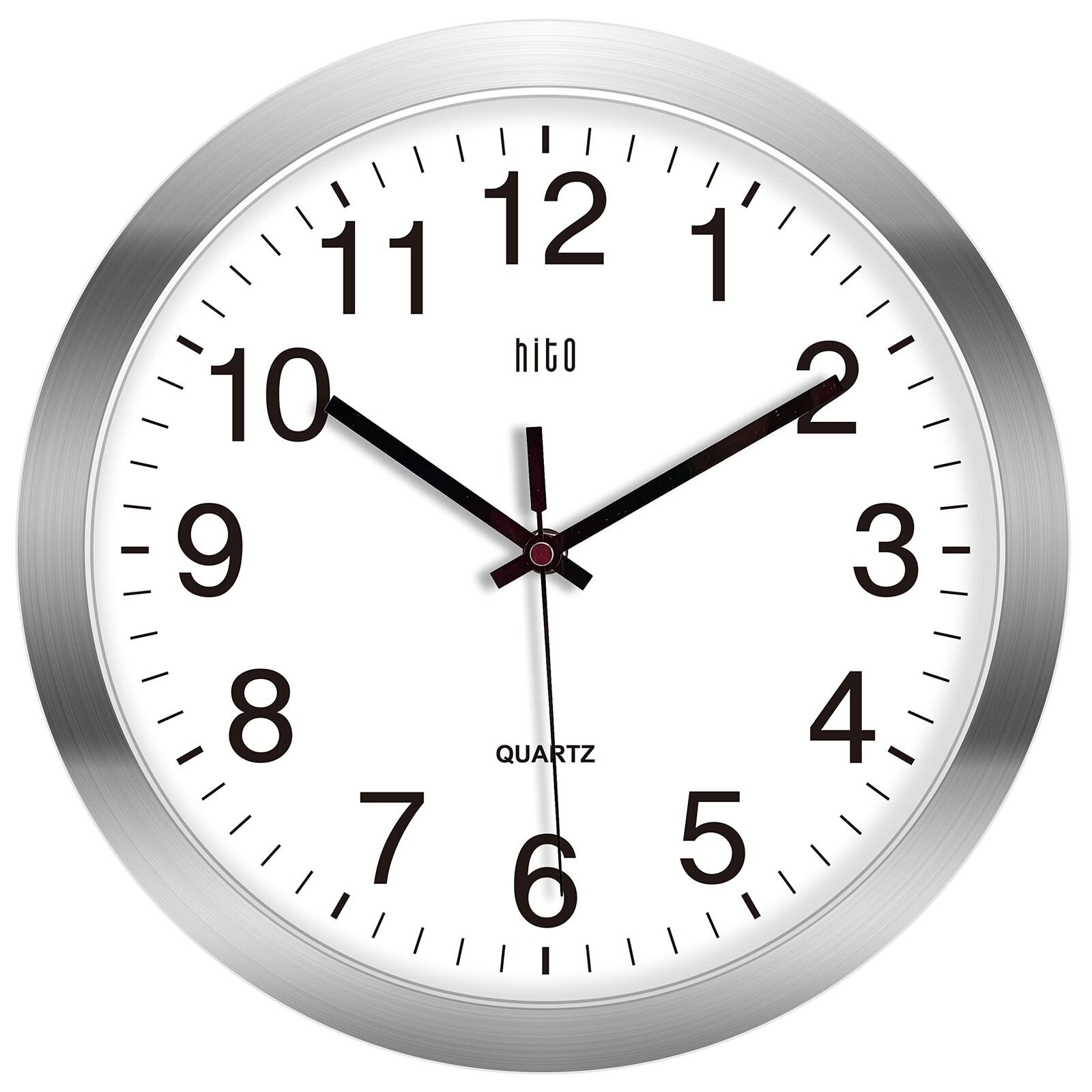 hito Silent Wall Clock Non Ticking 12 Inch Sweep Movement Silver Aluminum Frame,