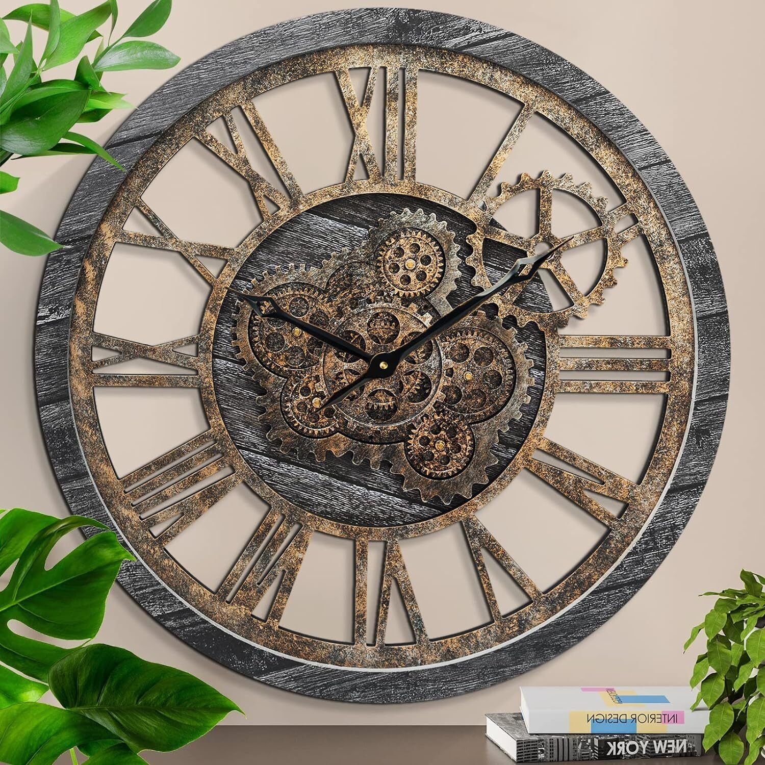 HOIBAI Wall Clock 24" Moving Gears Clock Large Wall Clock for Living Room Rustic