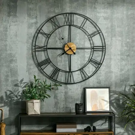HOMCOM 36 Inch Large Wall Clock, Silent Non Ticking Wood Metal Farmhouse Roman Numeral Clocks for