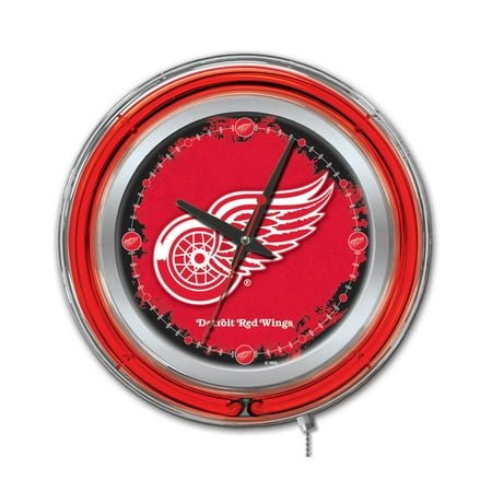 HomeStock Art Nouveau Allure Double Neon Wall Clock, Modern Vibrant Full Color Small Clock, Chrome Casing, Glass Lens, Neon Tubes, Pull Chain, 15x3.25