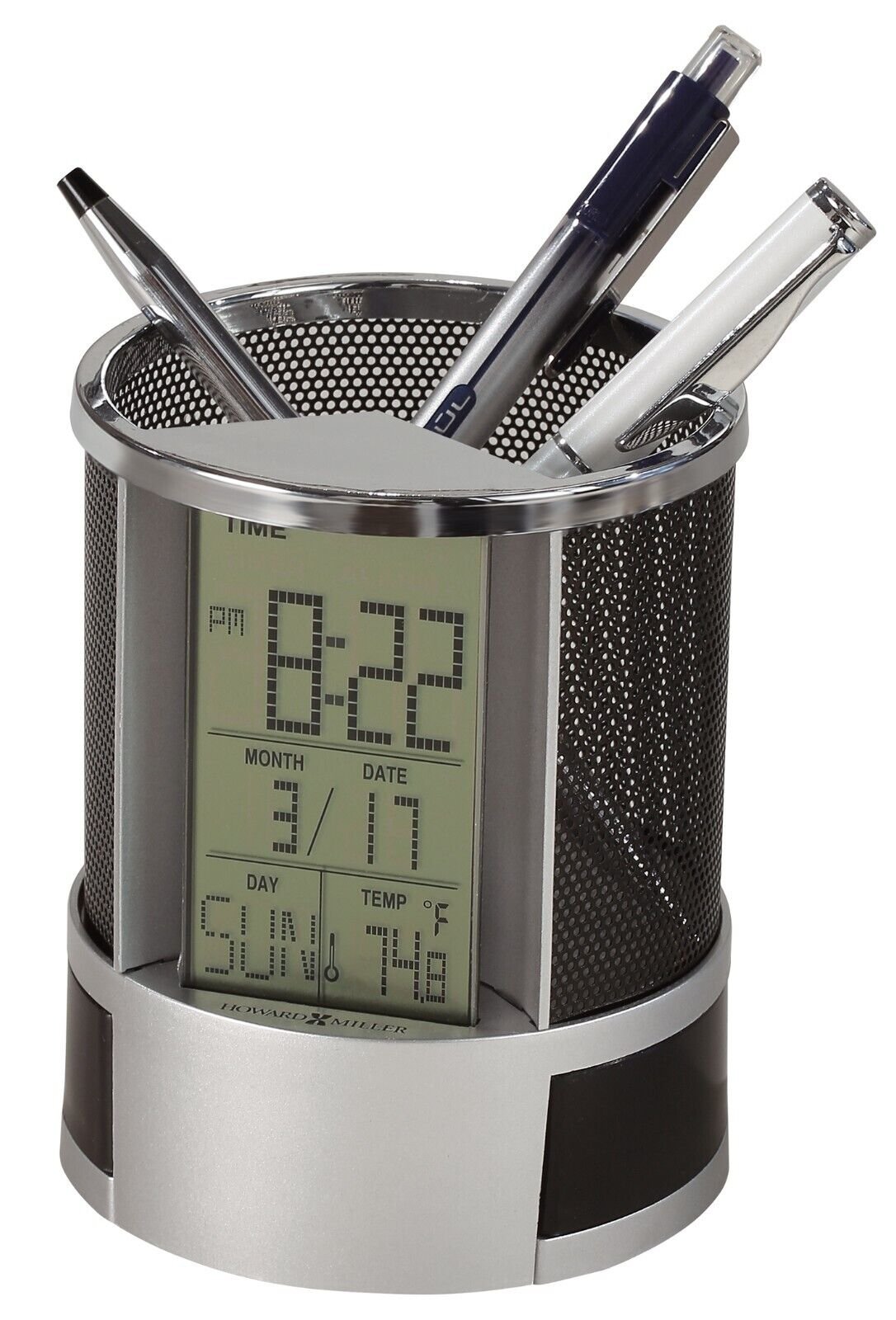 Howard Miller Desk Mate Alarm Table Clock 645759 LCD Display, Pencil Storage