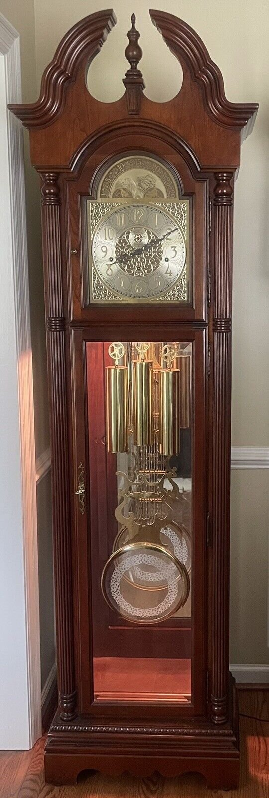 Howard Miller Triple Chime Sun Moon Face Back Light Mirror Grandfather Clock