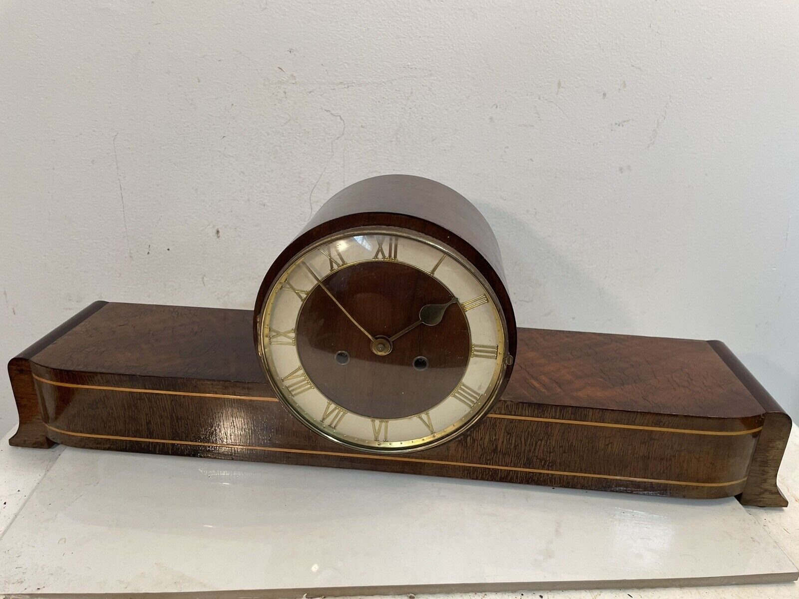 Huge WEHRLE Clock Striking Mantel Desk German Wood Case Chime 26” x 9” x 6”