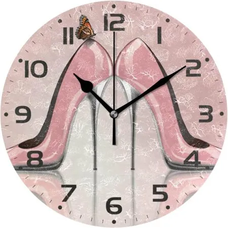 Hyjoy Pink High Heels Butterfly Wall Clock 10 Inch Silent Non Ticking Round Clock Oil Painting