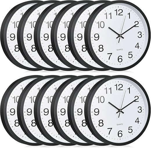 Inbagi 12 Pieces Silent Wall Clock Large 12 Inches Quartz Analog Clock Non Ticking Round Easy to Read Battery Operated Classroom Clock for Office School Kitchen Bedroom Living Room Decorative