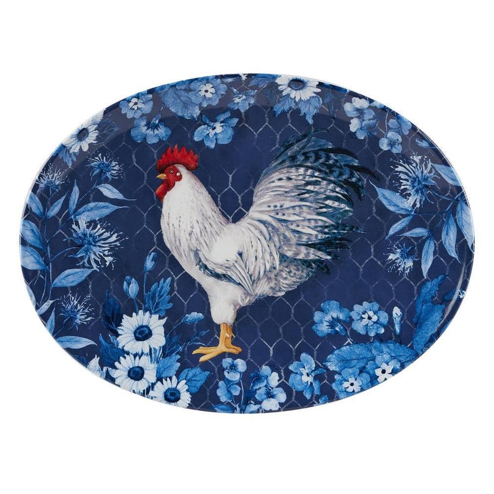 Indigo Rooster 16 in. Multicolored Earthenware Oval Platter