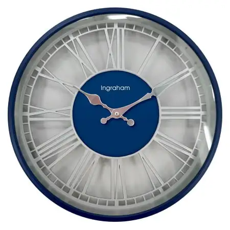 Ingraham 14 " Analog Quartz Accuracy Blue & Silver Wall Clock with Open Roman Numerals Model# 60006 photo Ingraham 14 " Analog Quartz Accuracy Blue & Silver Wall Clock with Open Roman Numerals Model# 60006