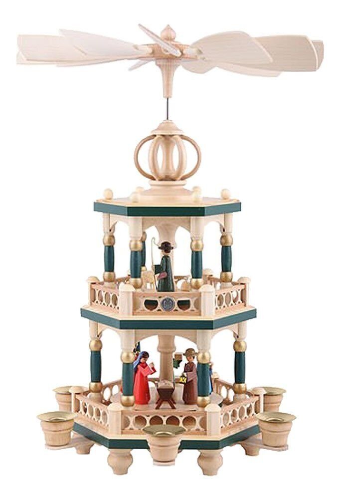 ISDD Cuckoo Clocks Mueller Nativity Pyramid Green Color 3 Level Made in Germany