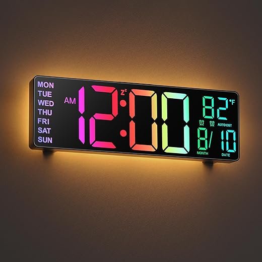 JALL 10.5'' Large Digital Wall Clock with Remote Control, Dual Alarm with Big LED Screen Dispaly, 8 RGB Colors, Auto DST, Temperature for Living Room, Bedroom, Gift for Elderly (Black, 10.5 inches)