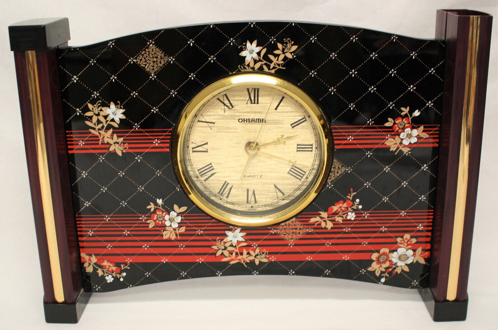 Japanese Clock Ohsama Quartz Mantel Clock Black w/ Red & Gold Flowers Attractive