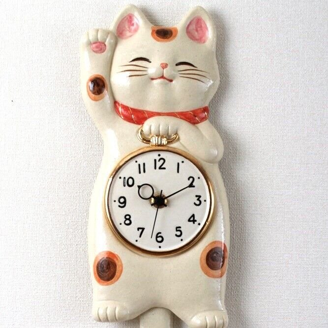 Japanese White Lucky Cat Manekineko Pendulum Wall Clock Pottery Seto ware Gift