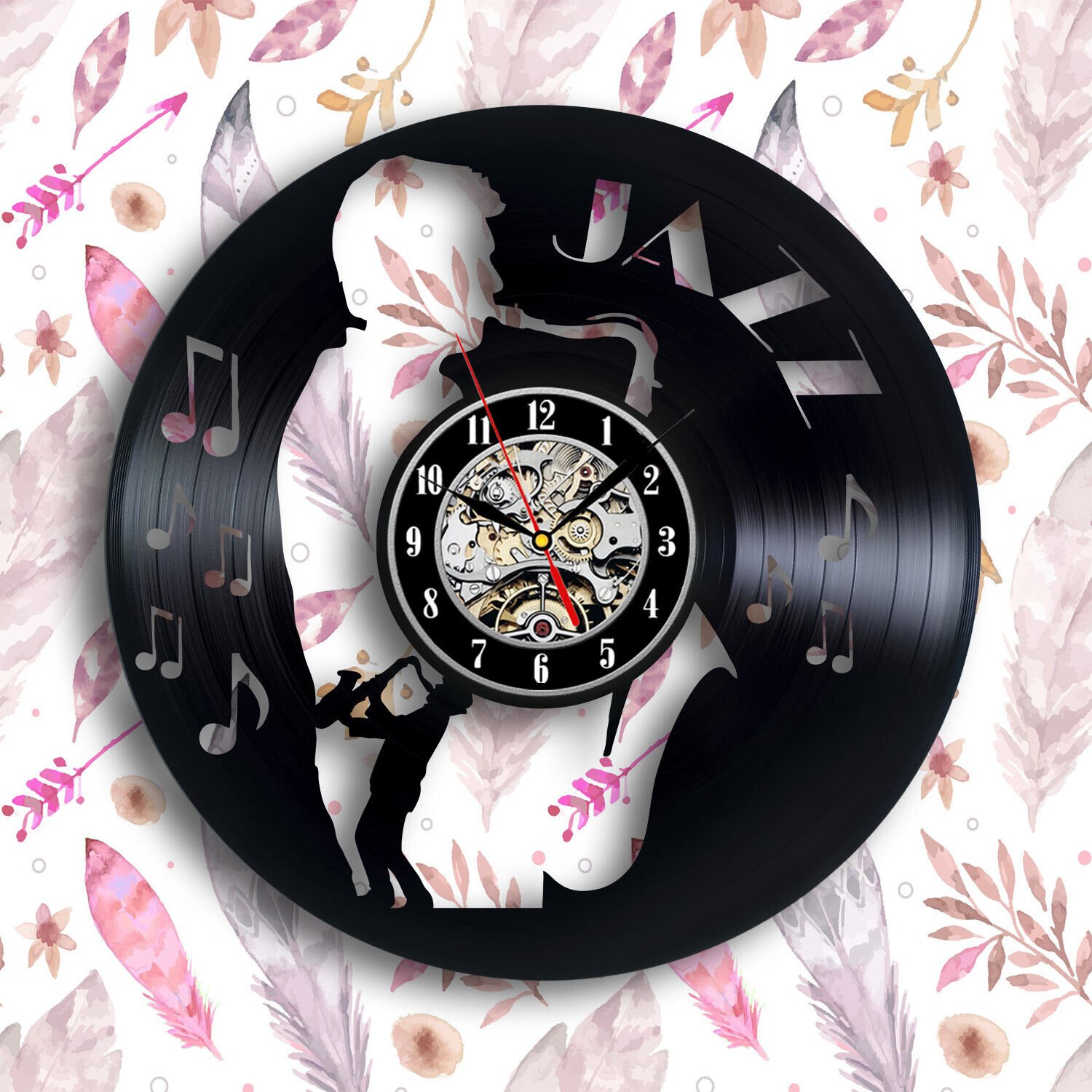 Jazz music vinyl wall clock 12 inches gift jazz lover, jazz band saxophone art