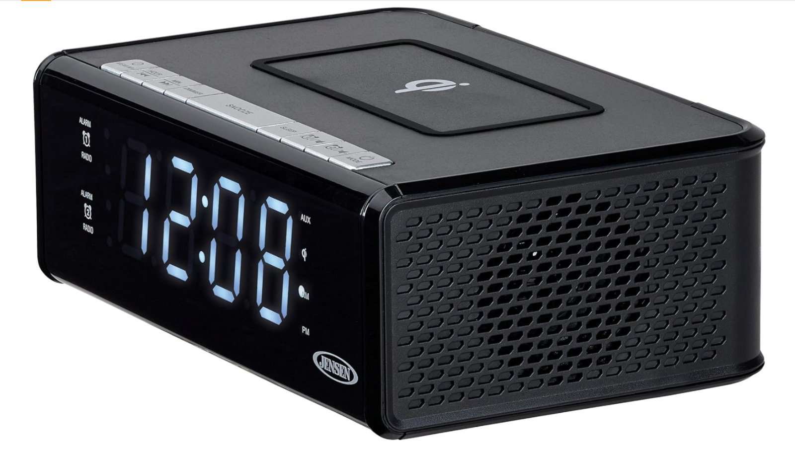 Jensen QiCR-200 Digital Dual Alarm Clock AM/FM Radio Wireless Qi Charging Black