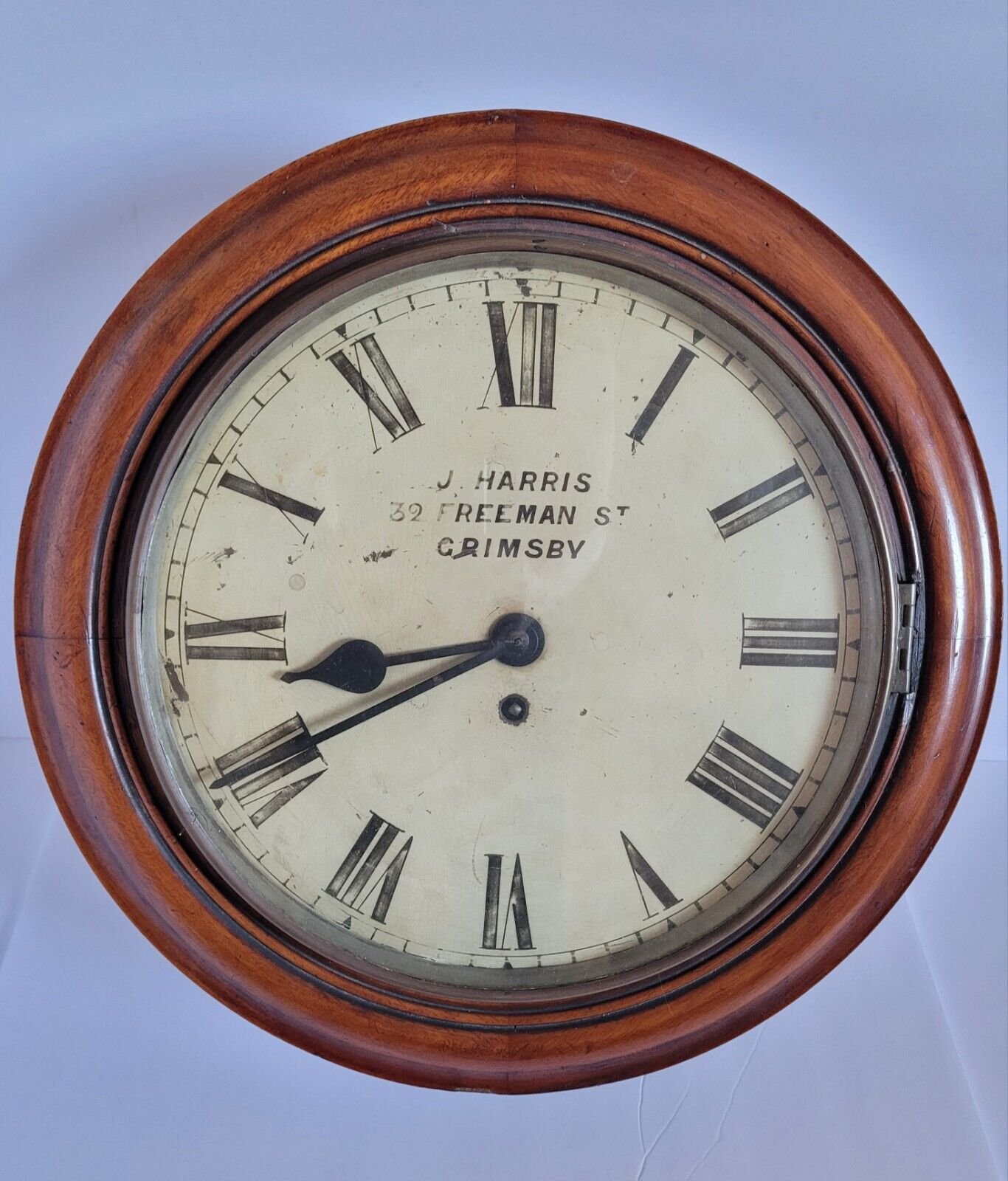 J. Harris 32 Freeman St. Grimsby Wall Clock England British Store Rare Antique