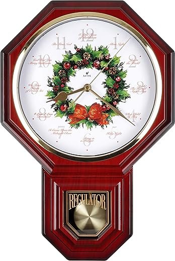 JUSTIME 12 Song of Carols of Christmas Wreath Chiming Wall Clock with Pendulum Melody Wall Clock Christmas Musical Clock Chime Wall Clock in Wall Musical Wall Clock Red Mahogany