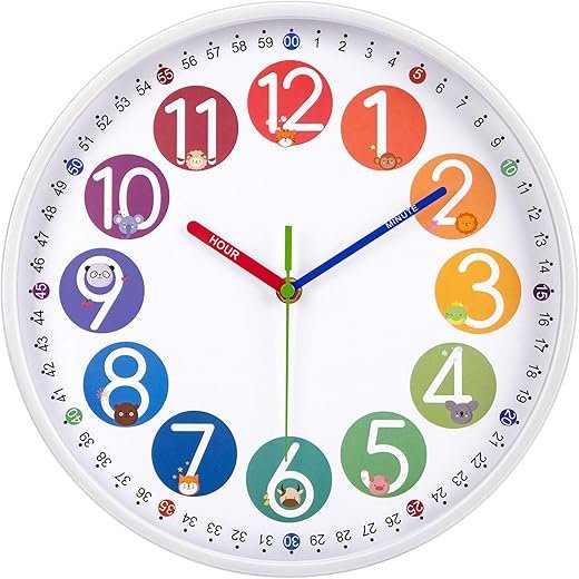 Kids clock - Learning Analog Clock for Kids Ages 4-8 - Telling Time Teaching Clock for Kid - Silent Toddler Color Clock for Teaching Time - Battery Operated Wall Clocks for Bedroom Living Room