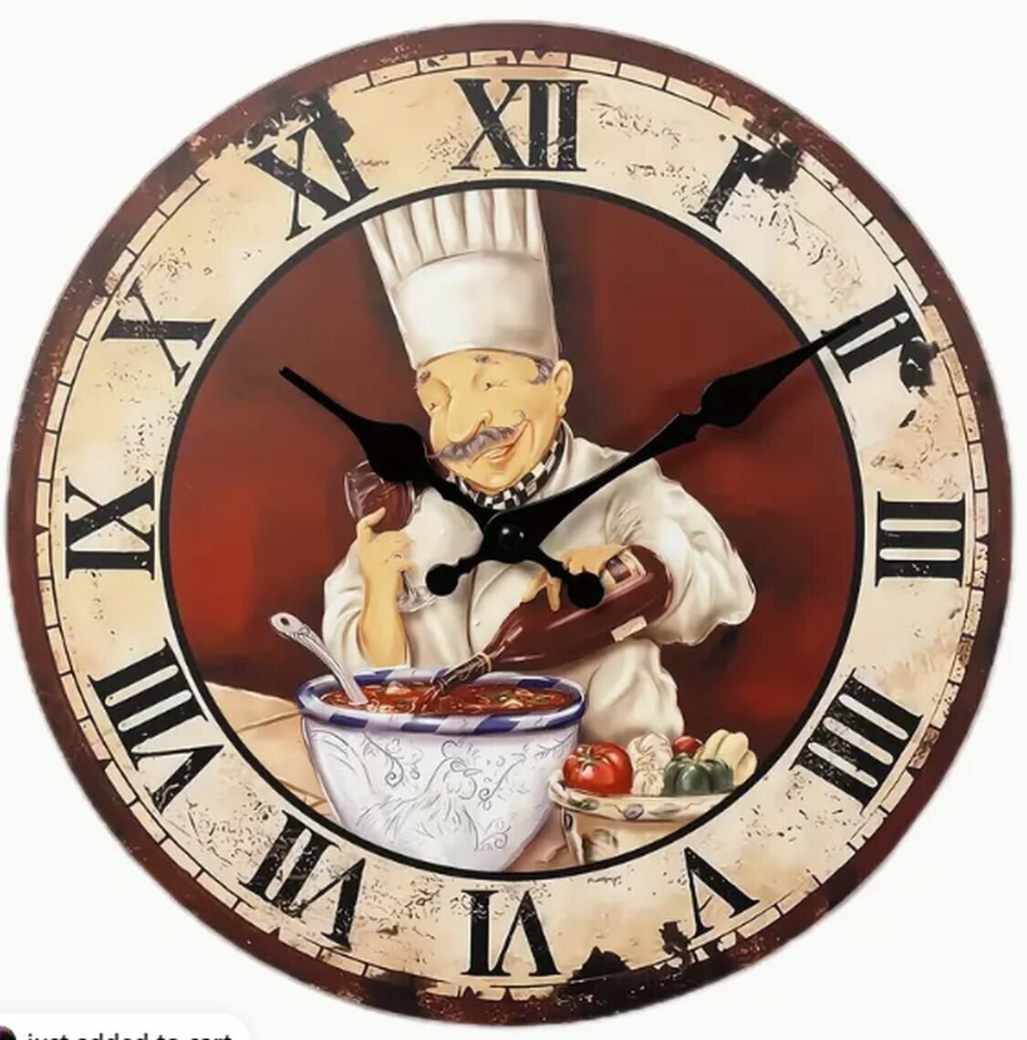 Kitchen Round Wall Wooden Clock (12" Dia.) FAT CHEF POURING WINE, roman numbers
