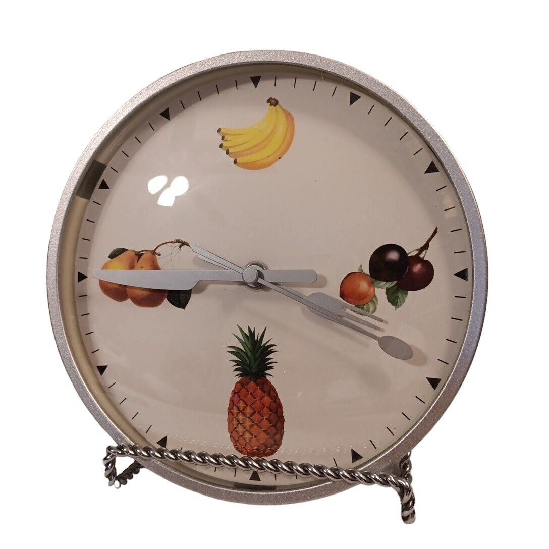 Kitchen Wall Clock Vtg Fork Knife Spoon Hands Pear Pineapple Plums Banana READ