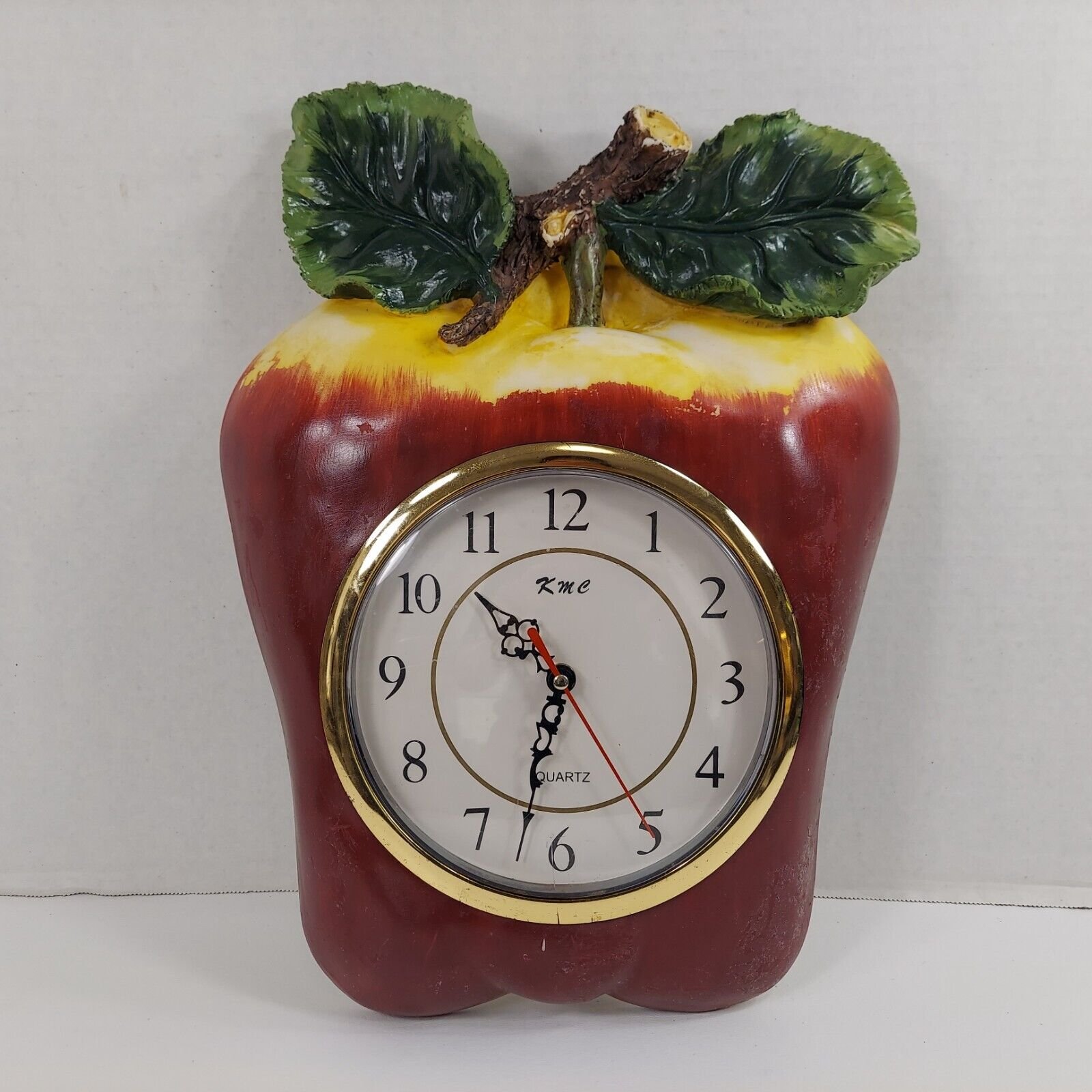 KMC Vintage Red Apple Wall Kitchen Clock Resin Large Battery Op 15x12" Works