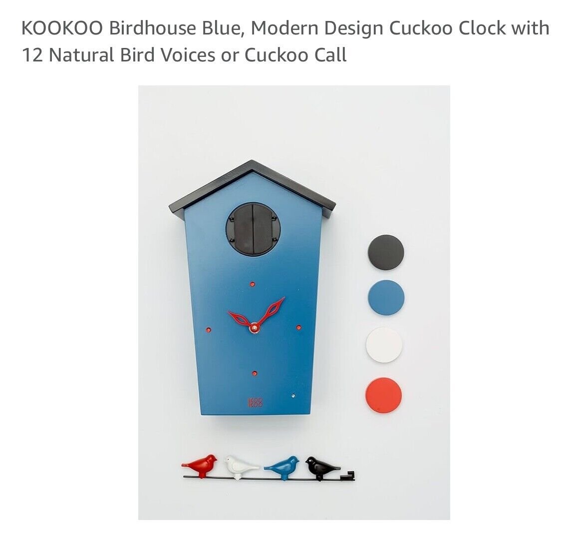 KOOKOO Birdhouse Blue, modern design cuckoo clock with 12 natural bird calls.