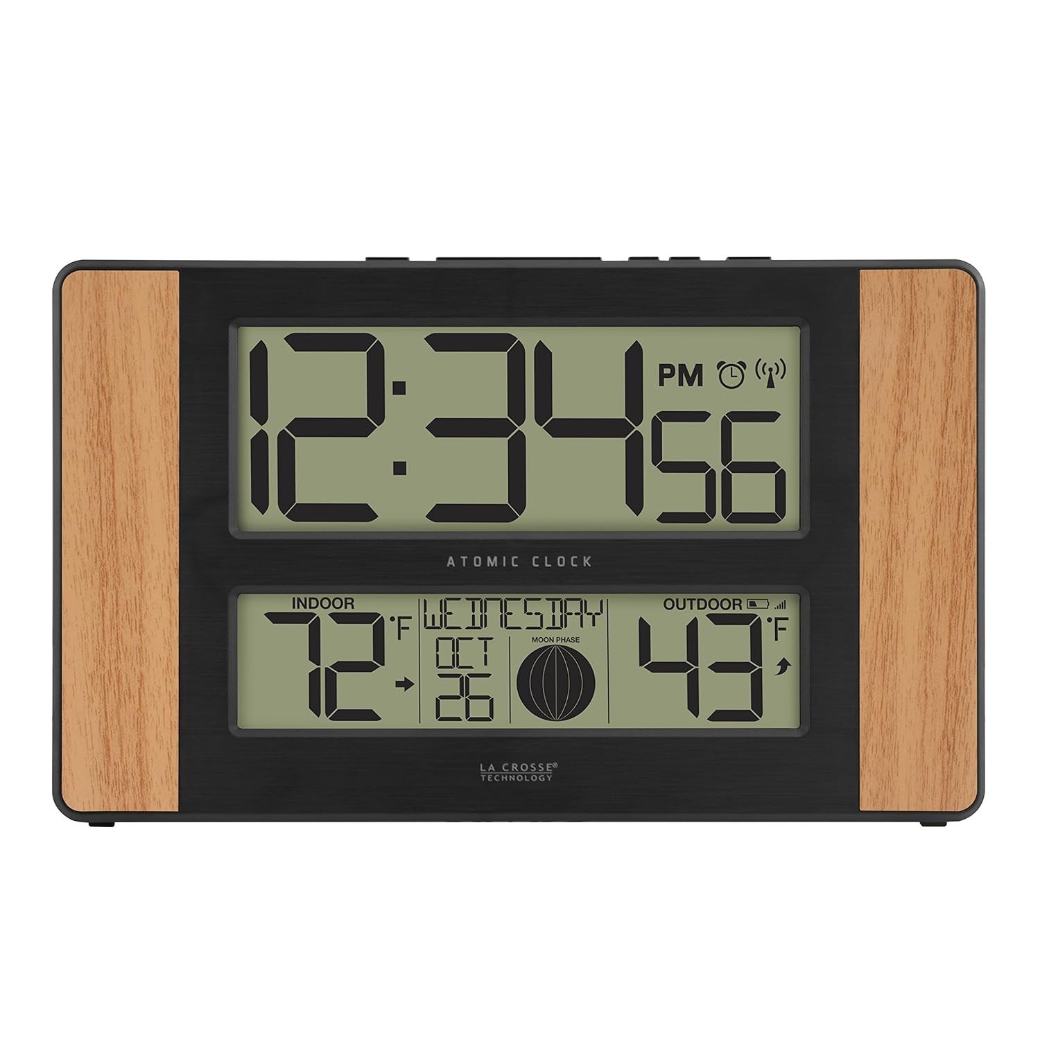 La Crosse Atomic Digital Clock, Outdoor Temp, Wood Oak, Accurate Time, Easy Read