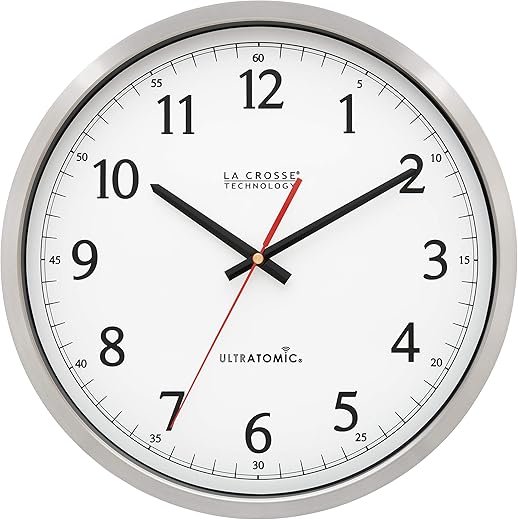 La Crosse Technology 404-1235UA-PL UltrAtomic 14 inch Stainless Steel Wall Clock, Shatterproof Lens, Silver