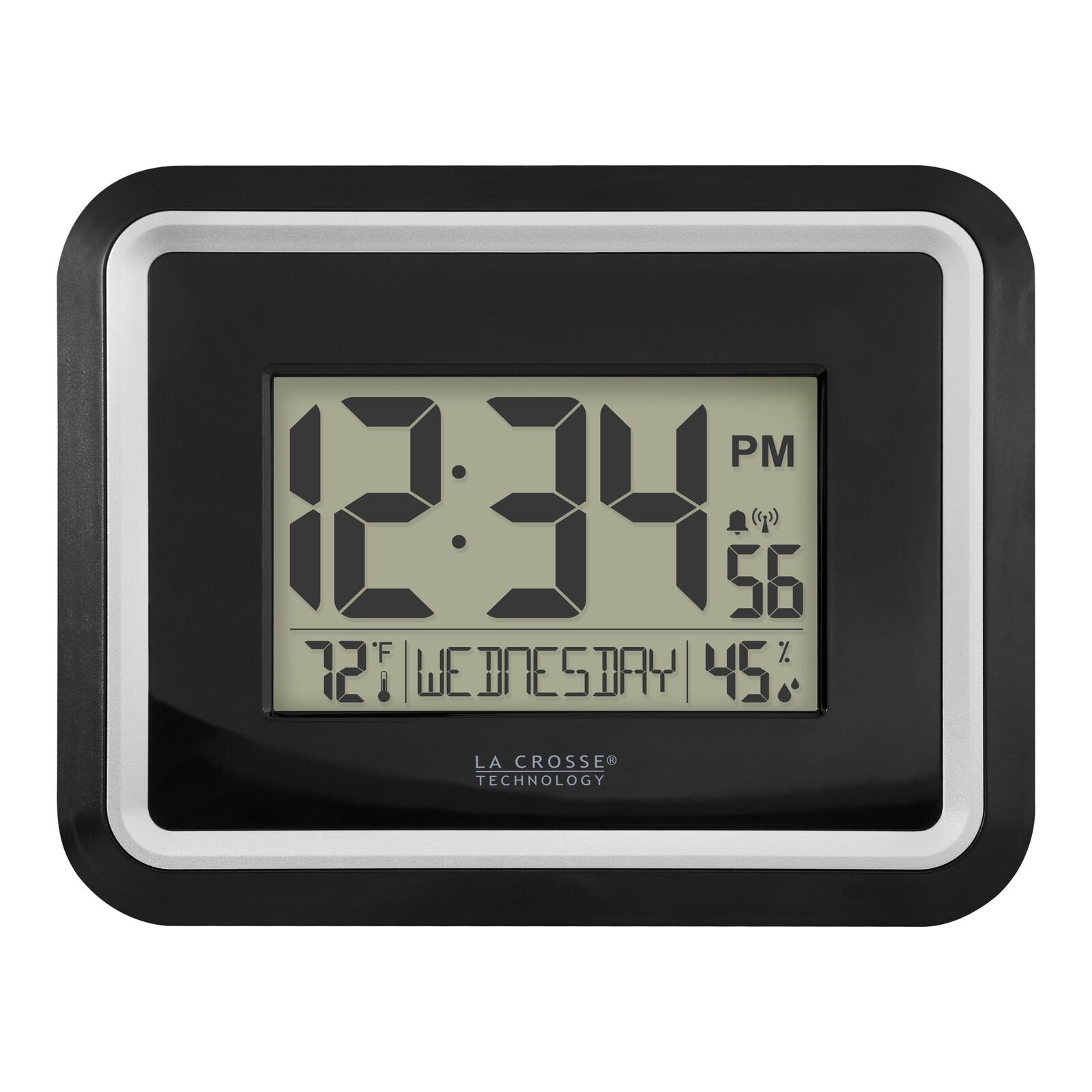 La Crosse Technology Black Modern Atomic Digital Clock with Temp and Calendar