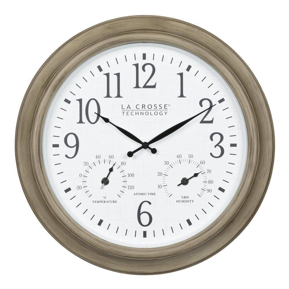 La Crosse Technology Wall Clock w/ Temp+Humidity 18" Atomic Analog Round Tan