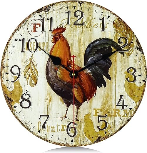 Lafocuse 12 Inch Silent Wooden Rooster Clock for Kitchen, Farmhouse Decorative Wall Clock for Living Room Battery Operated