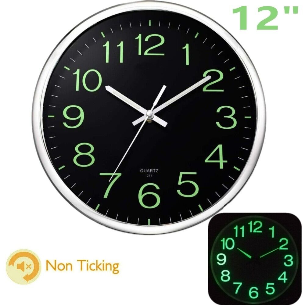 Large 12 inch Modern Battery Wall Clock Luminous Glow Night Lights Quartz Silent