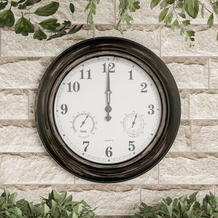 Large 18 Inch Waterproof Wall Clock Thermometer Antique Bronze Indoor Outdoor