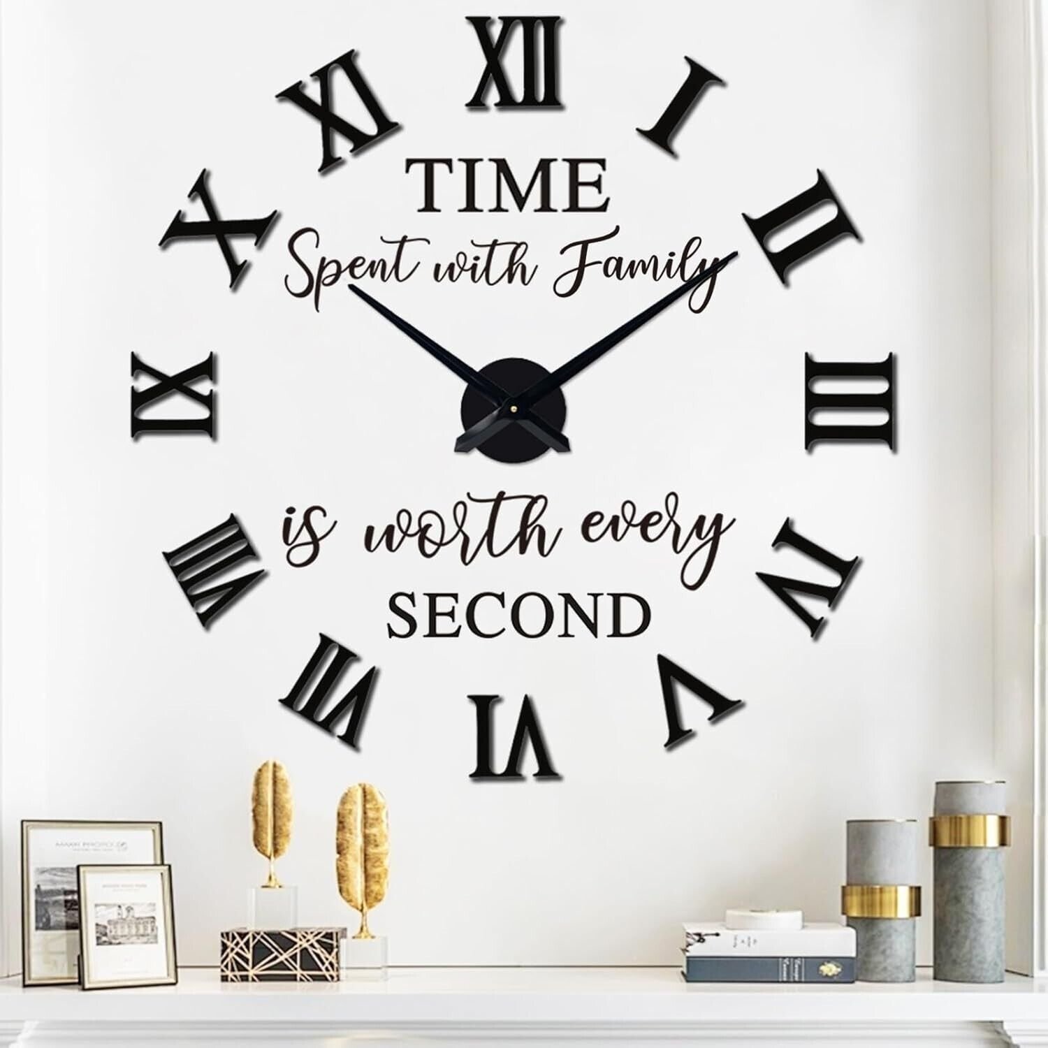 Large 3D DIY Wall Clock, Giant Roman Numerals Clock Frameless Mirror Big Wall Cl