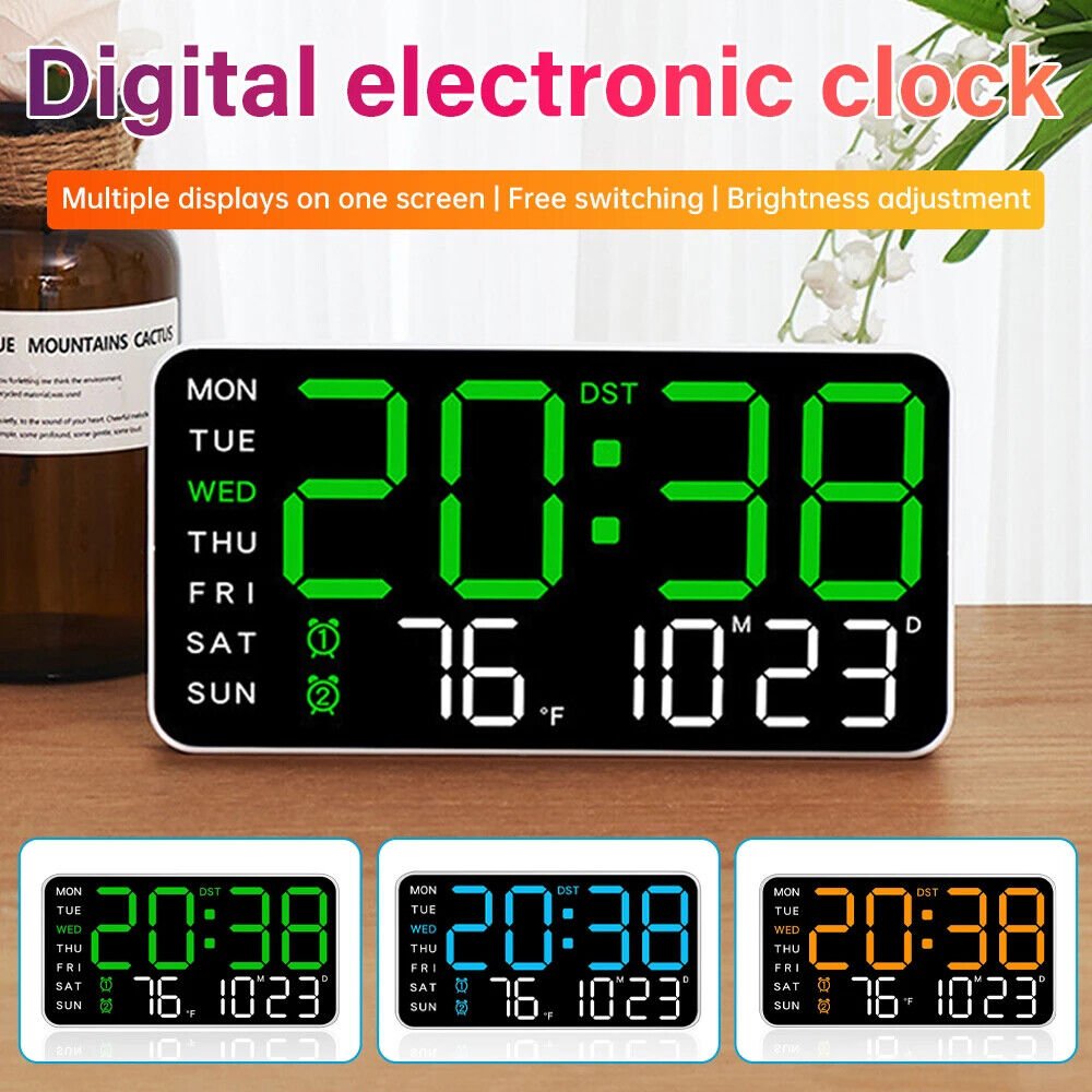 Large Digital Alarm Clock LED Temperature Voice Control Dual Alarm Snooze 12/24H