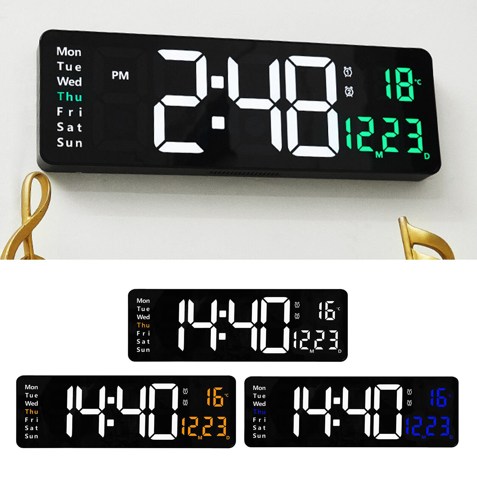 Large Digital Wall Clock Temperature Date Clock Ambient Light + Remote Control